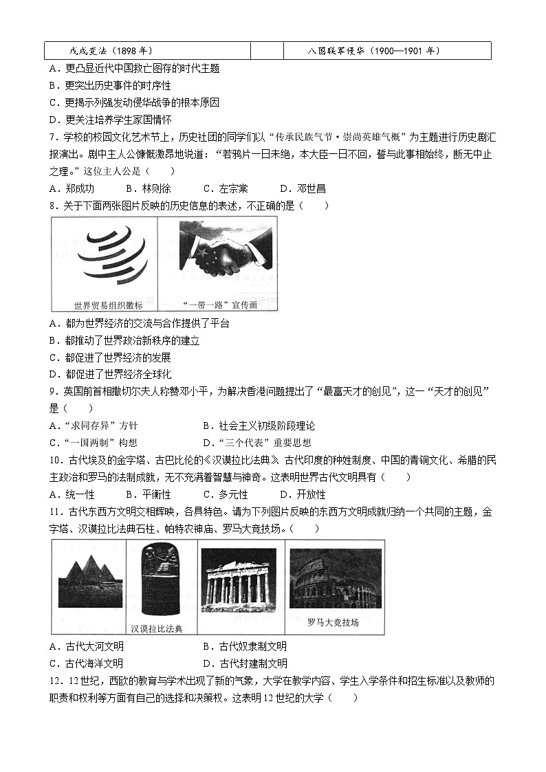2024年湖南省祁阳市中考一模历史试题(无答案)02