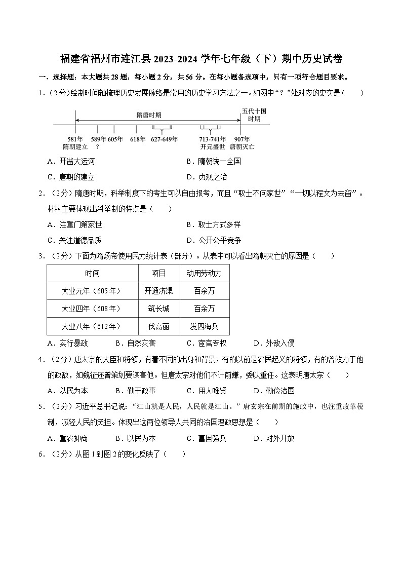 福建省福州市连江县2023-2024学年部编版七年级下学期期中历史试卷第1页