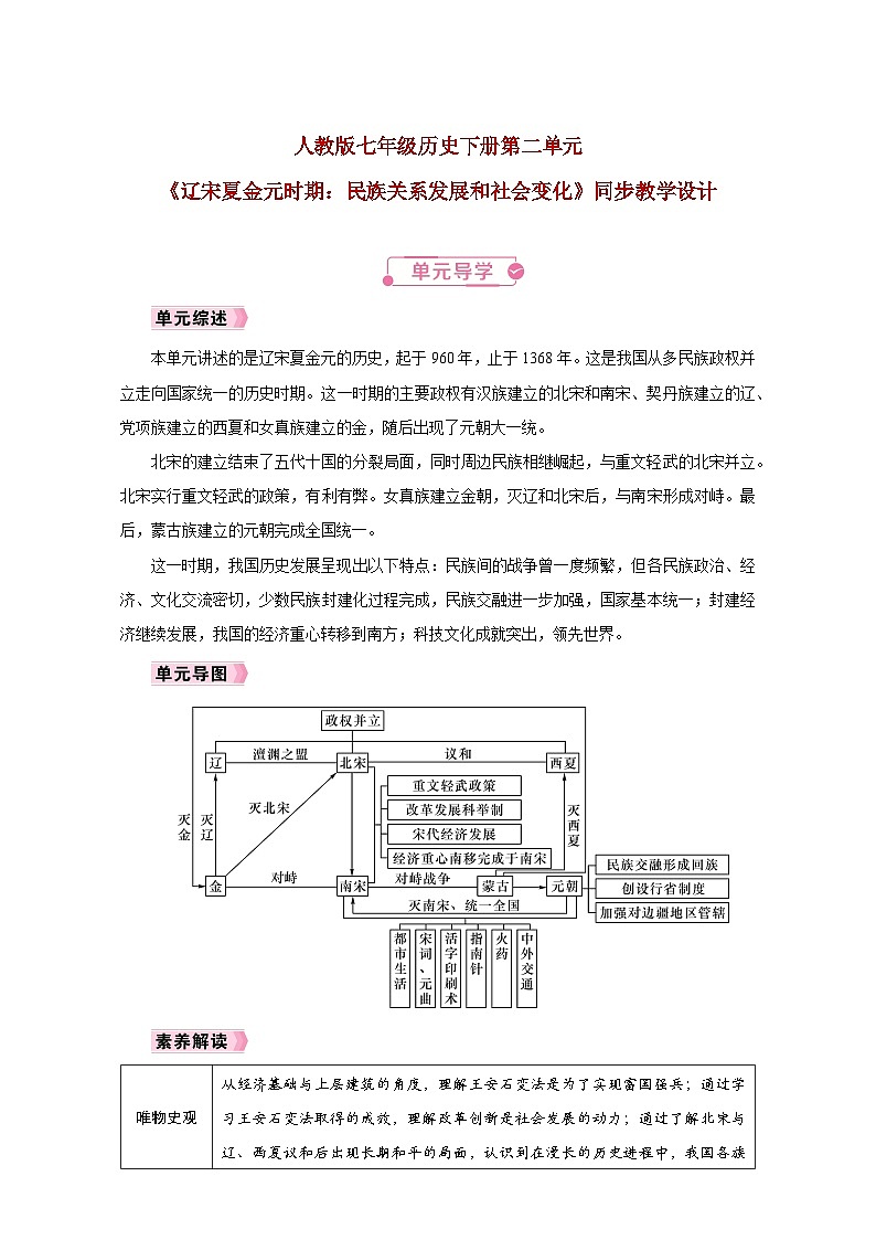 人教版七年级历史下册第二单元《辽宋夏金元时期：民族关系发展和社会变化》同步教学设计第1页
