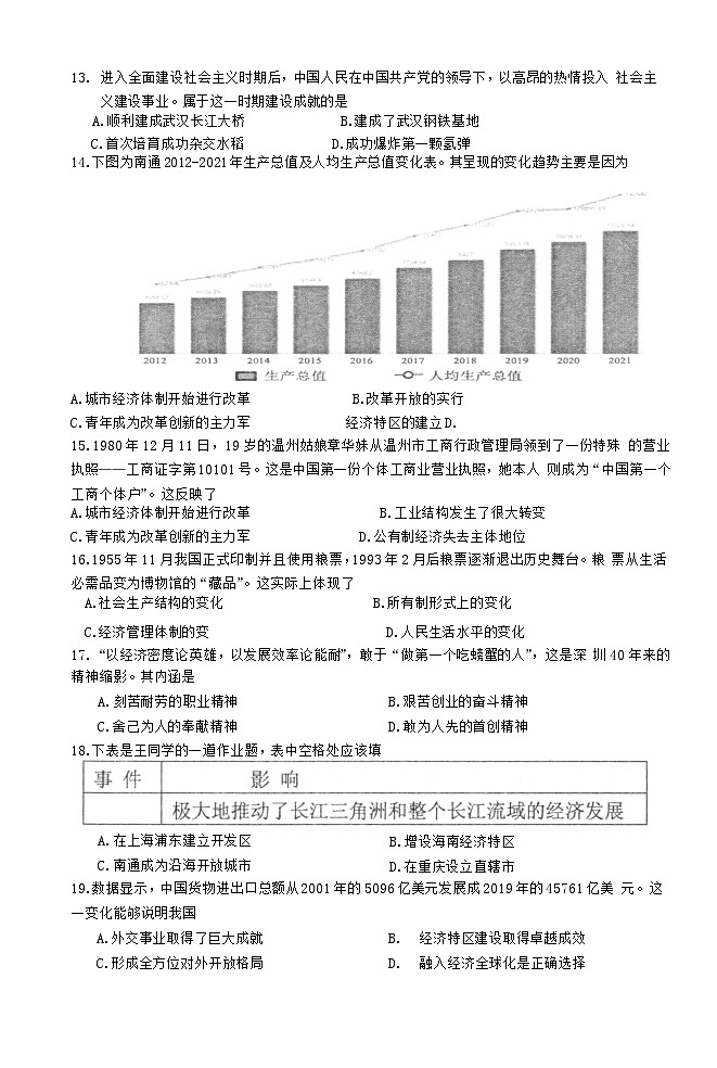 江苏省南通市通州区2023-2024学年八年级下学期期中历史试卷第3页