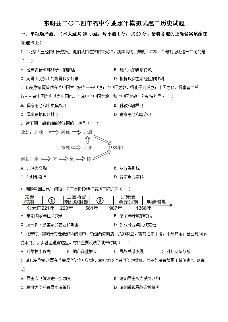 2024年山东省菏泽市东明县中考二模历史试题（原卷版）第1页