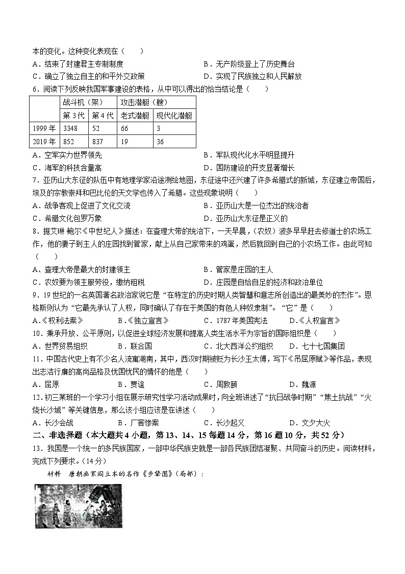 2024年湖南省长沙市九年级学业水平历史考试模拟试卷（二）(无答案)第2页
