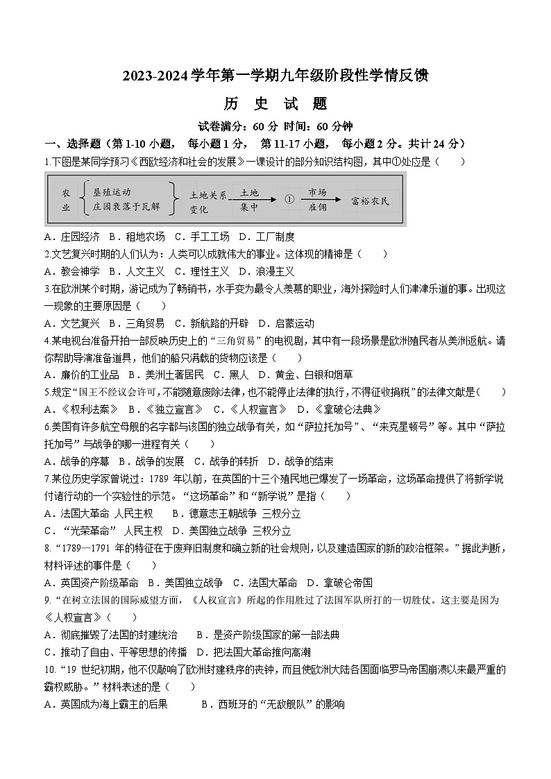 江苏省连云港市海宁中学2023-2024学年部编版九年级历史上学期月考试卷(无答案)第1页