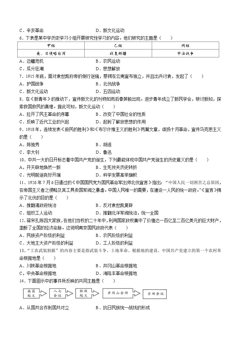 云南省曲靖市2023-2024学年八年级上学期期末考试历史试题(无答案)02