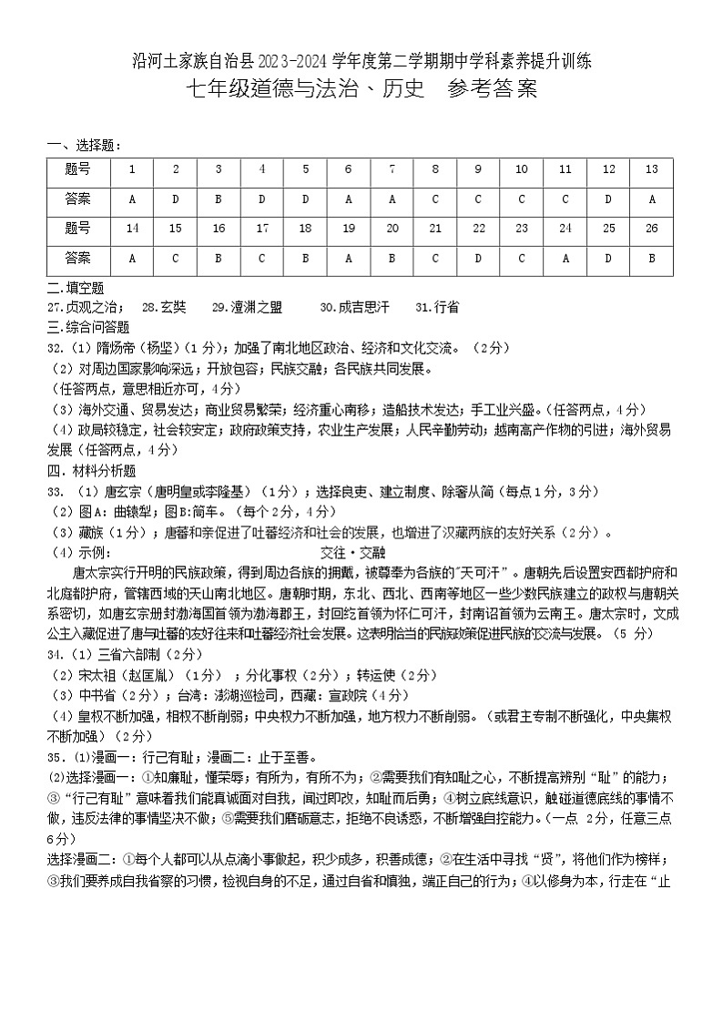 贵州省铜仁市沿河土家族自治县2023-2024学年七年级下学期4月期中道德与法治.历史试题+01