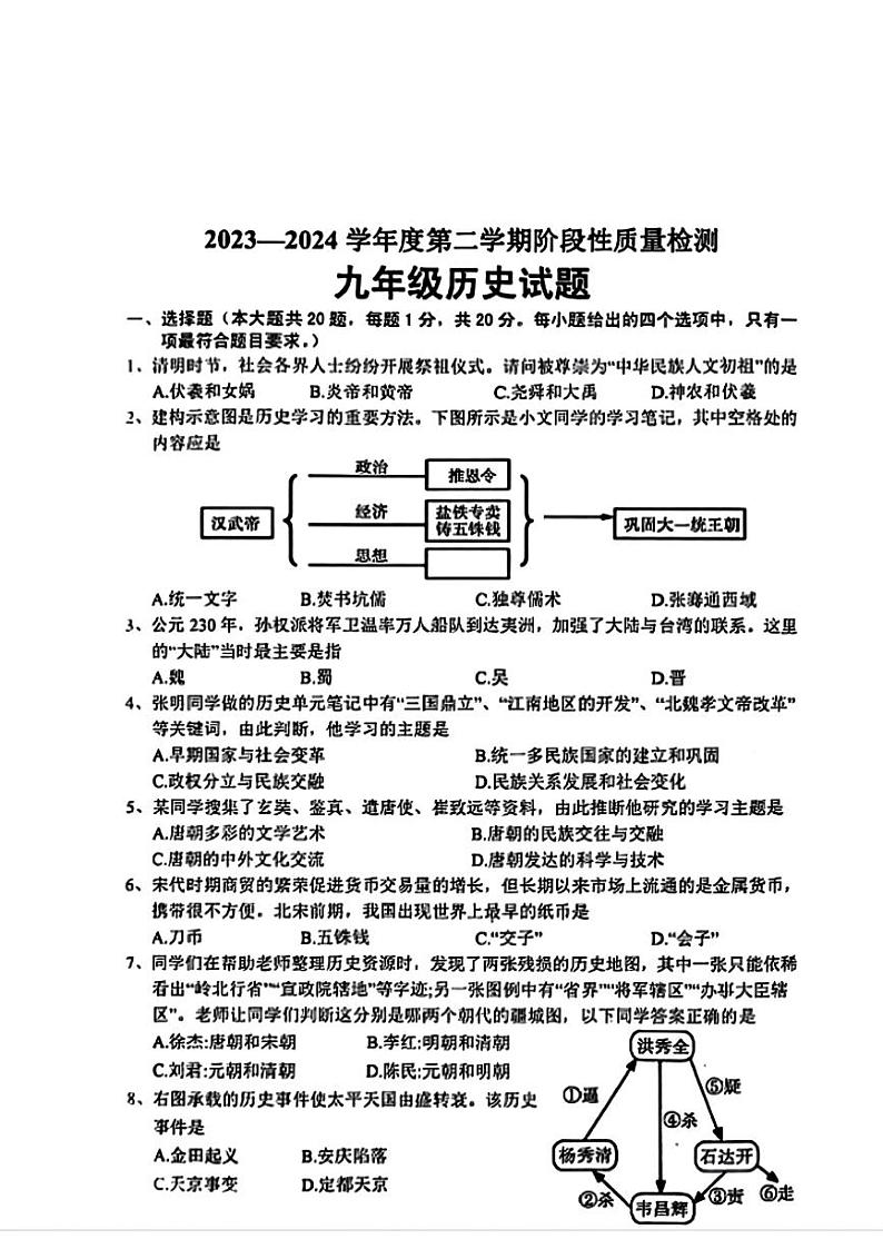 山东省菏泽市2024年中考一模考试历史试题01