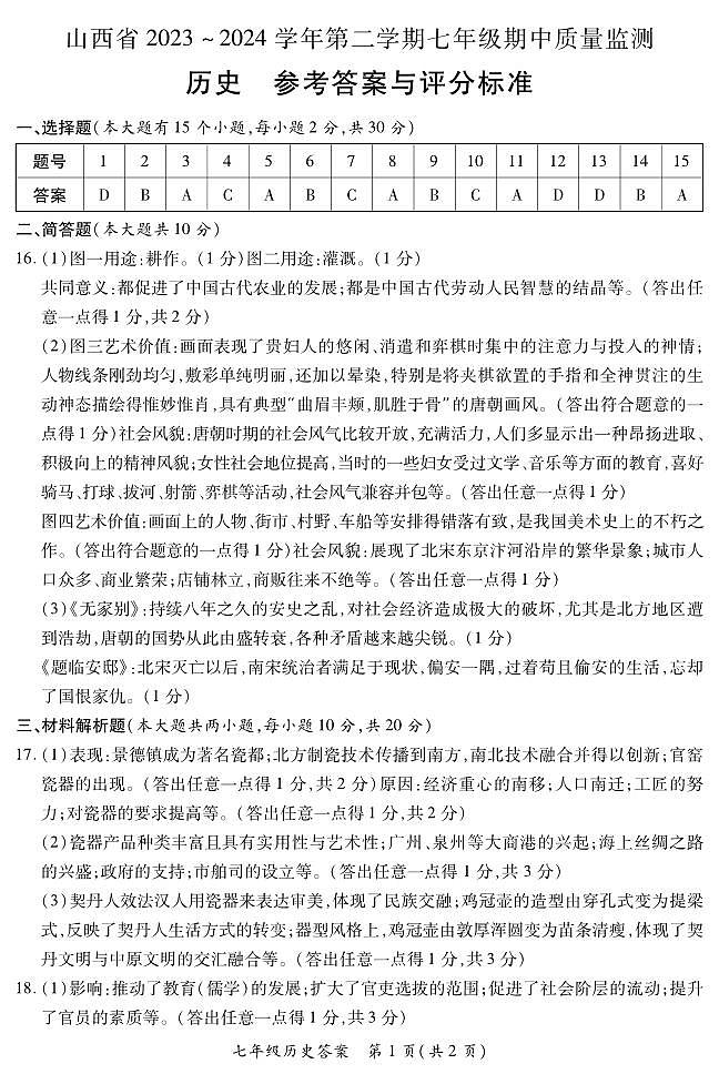 2023-2024学年山西省初中七年级部分学校下学期期中考试 历史试题01