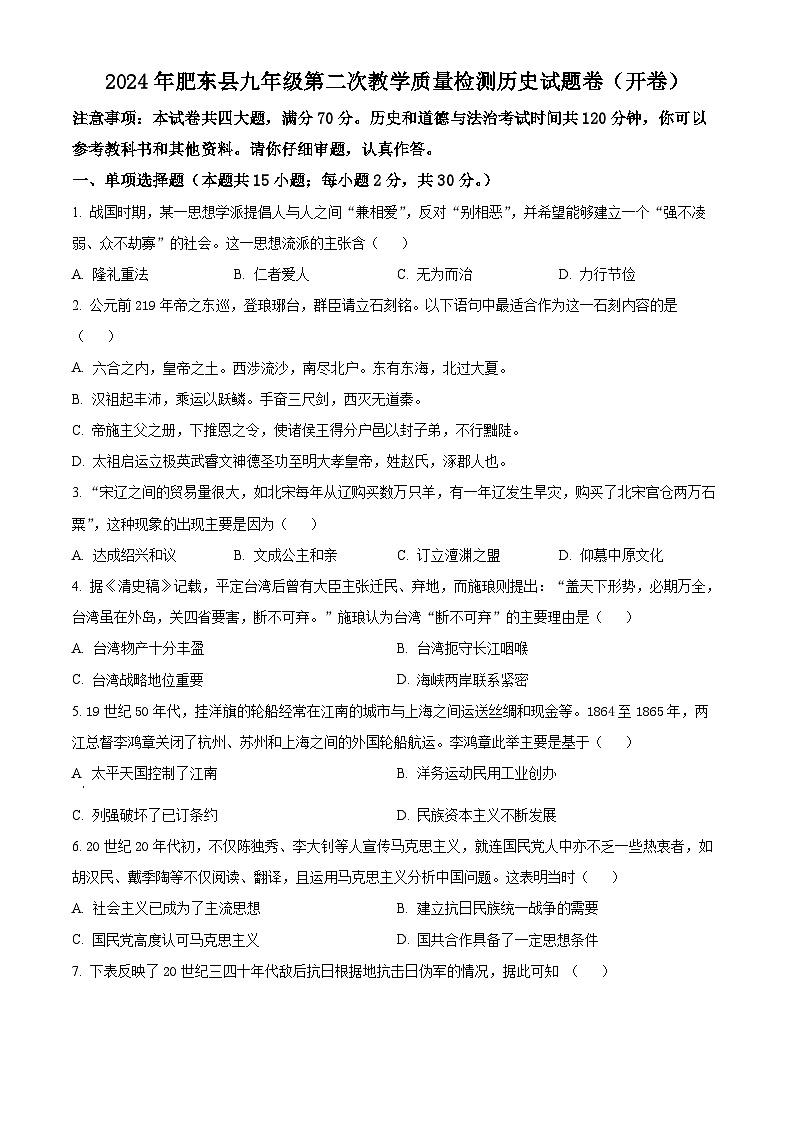 2024年安徽省合肥市肥东县中考二模历史试题（原卷版+解析版）01