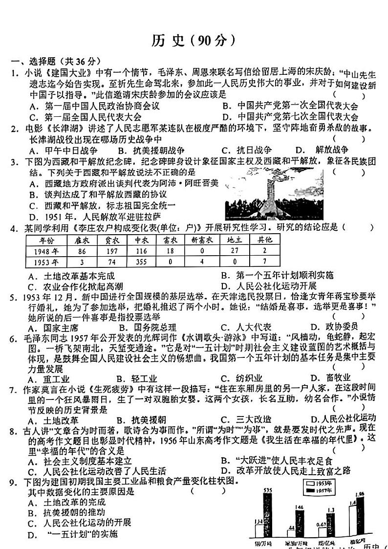 甘肃省武都区城关学校联考2023--2024学年部编版八年级历史下学期期中考试题01
