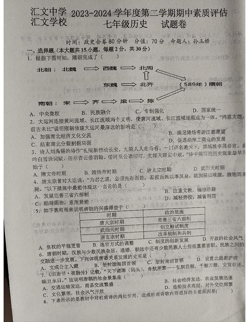 安徽省六安市汇文中学2023-2024学年七年级下学期期中考试历史试卷第1页