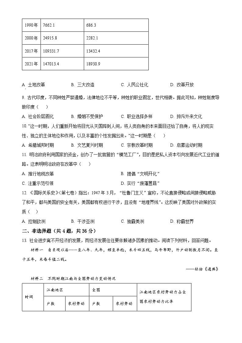 湖北省京山市2023—2024学年九年级下学期期中教学质量监测道德与法治·历史试卷-初中历史（原卷版）第3页
