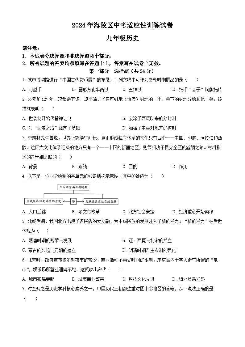 江苏省泰州市海陵区2024年中考一模道德与法治、历史试卷-初中历史（原卷版+解析版）01