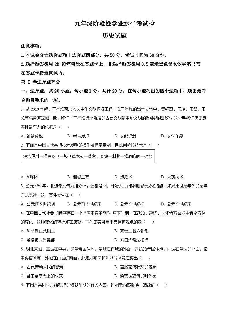 山东省菏泽市牡丹区2024年中考一模考试文科综合试题-初中历史（原卷版+解析版）01