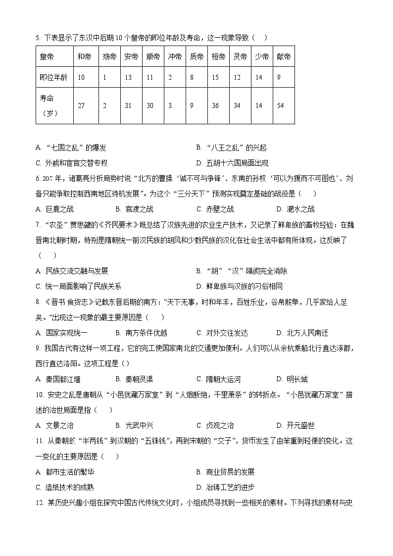 2024年山东省枣庄市中考二模历史试题（原卷版）第2页