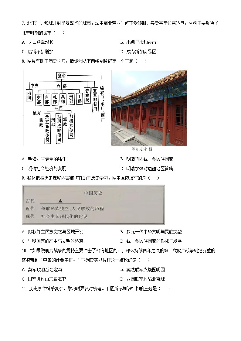 2024年黑龙江省牡丹江市初中学业水平考试第一次适应性考试历史试卷（原卷版+解析版）02