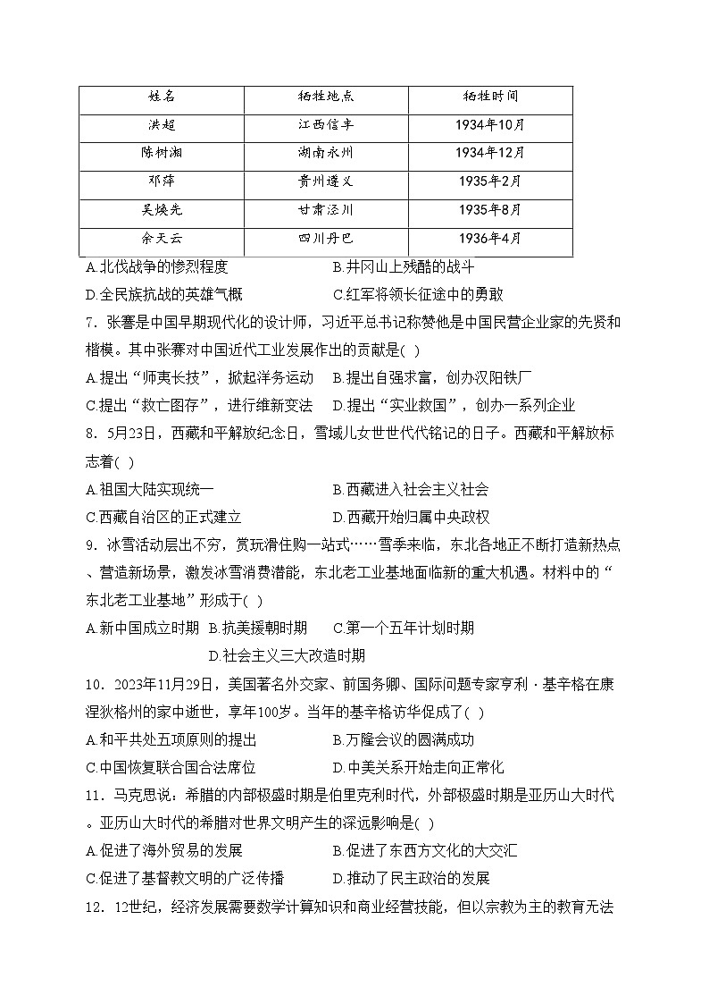 湖南省2024届九年级下学期中考模拟历史（八）试卷(含答案)02