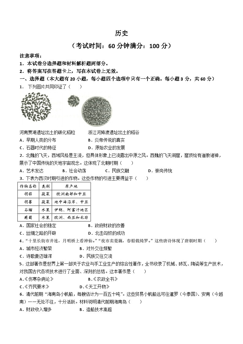 海南省陵水黎族自治县2024年中考第一次模拟考试历史试卷(无答案)01
