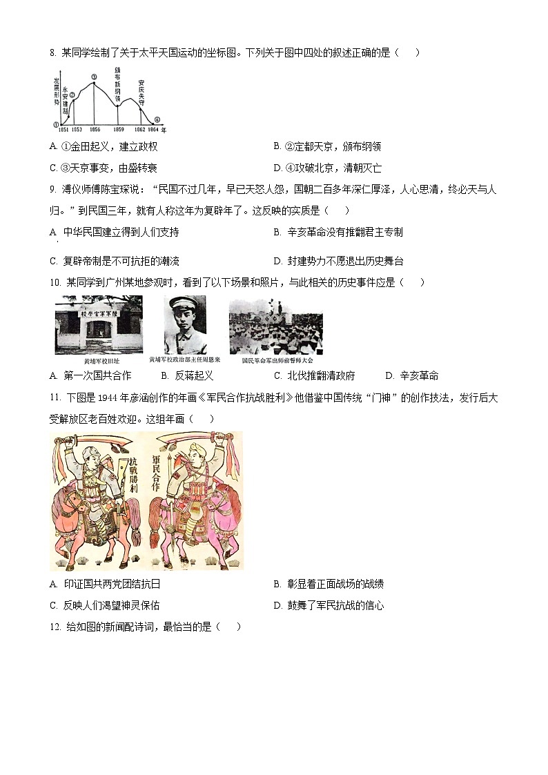 2024年山东省临沂市沂水县中考一模历史试题（原卷版+解析版）03