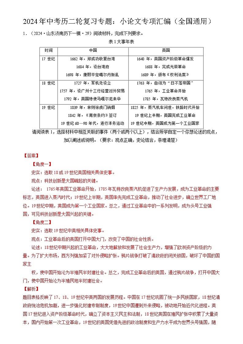 2024年中考历二轮复习专题：小论文专项汇编（全国通用）（解析版）第1页