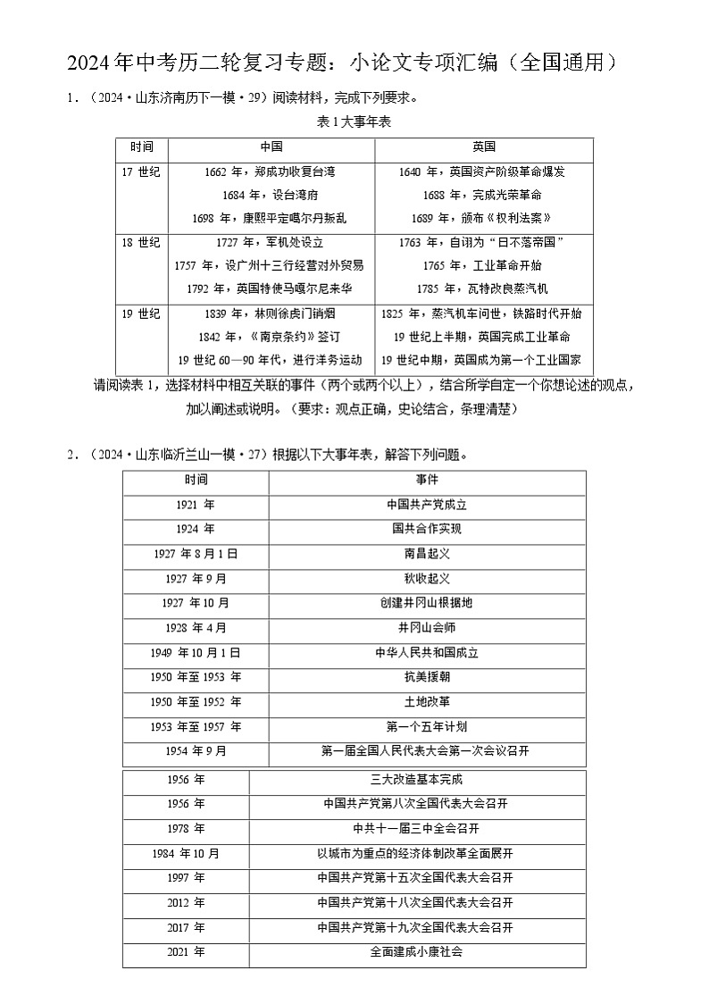 2024年中考历二轮复习专题：小论文专项汇编（全国通用）（原卷版）第1页