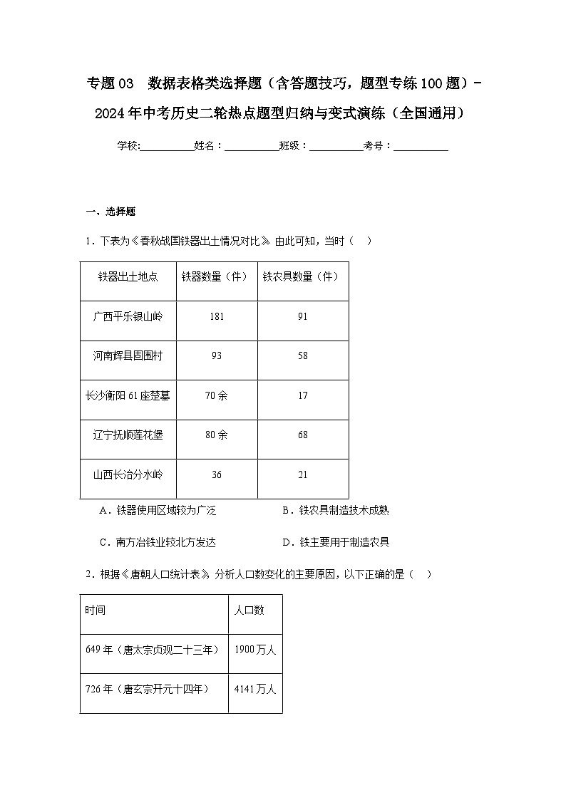 专题03数据表格类选择题（含答题技巧，题型专练100题）（含解析）-2024年中考历史二轮热点题型归纳与第1页
