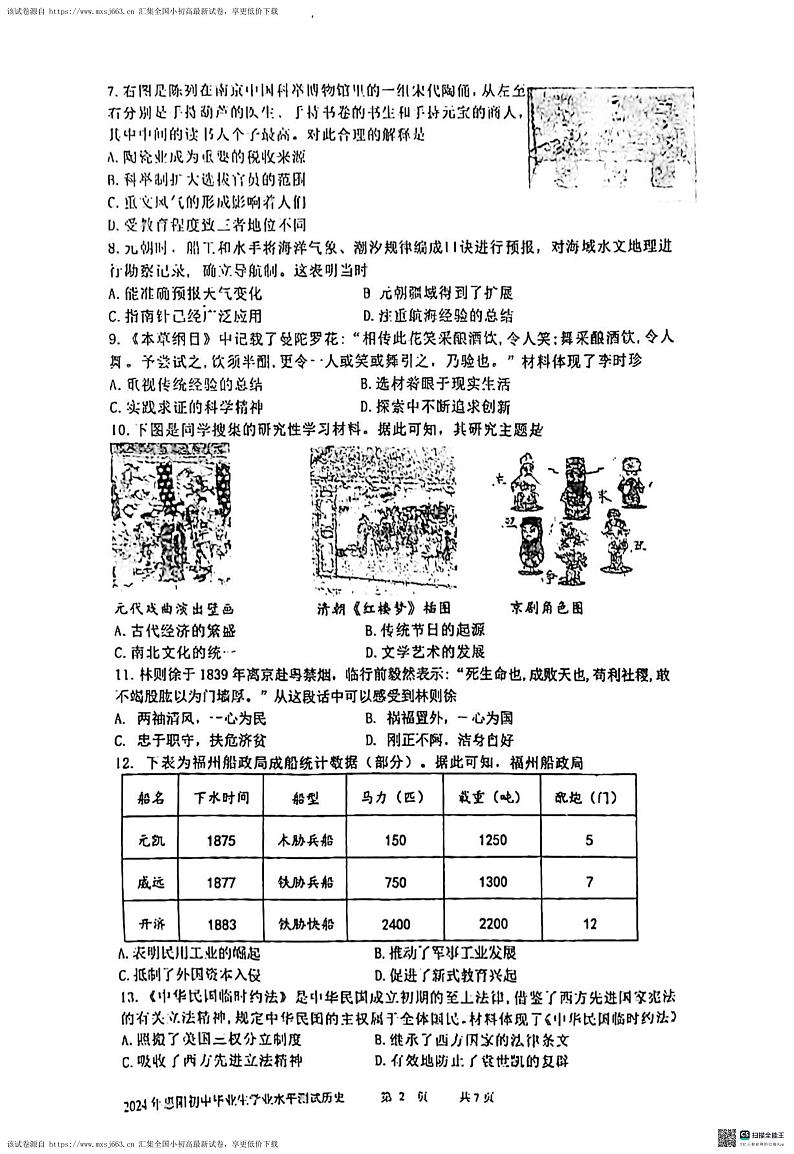 2024年广东省惠州市惠阳区九年级下学期学业水平测试历史试题（一）第2页