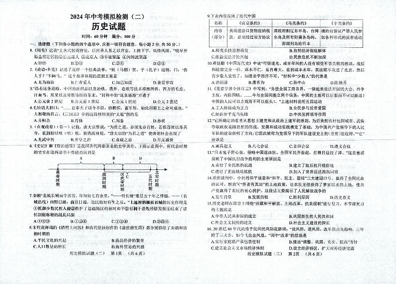 山东省临清市2024年中考模拟检测历史试题（二）01