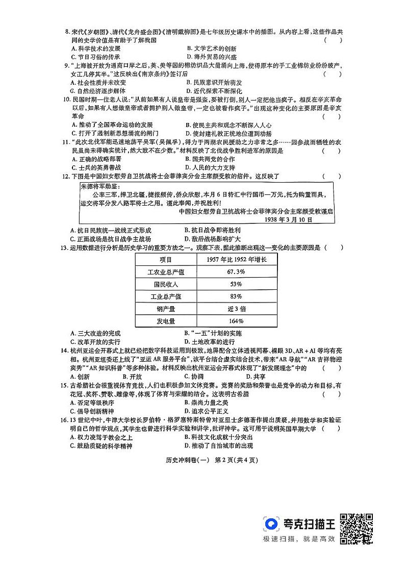 2024年河南省周口市项城市第一初级中学第六次中考模拟考试历史试卷02
