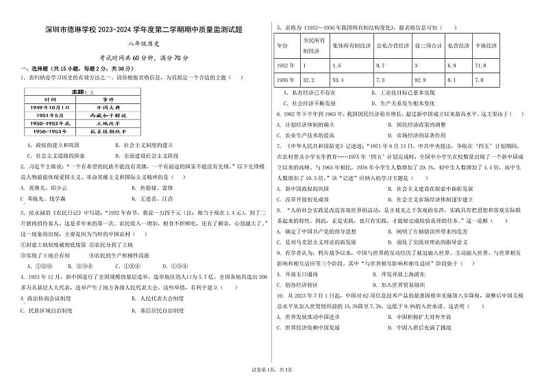 广东省深圳市德琳学校2023-2024学年八年级下学期期中考试历史试卷第1页