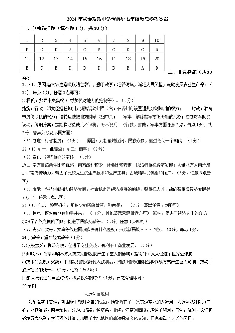 河南省南阳市桐柏县2024年春期期中学情调研七年级历史答案第1页