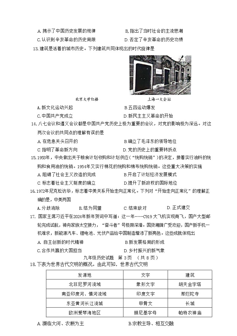 2024年山东省聊城市冠县中考一模历史试题03