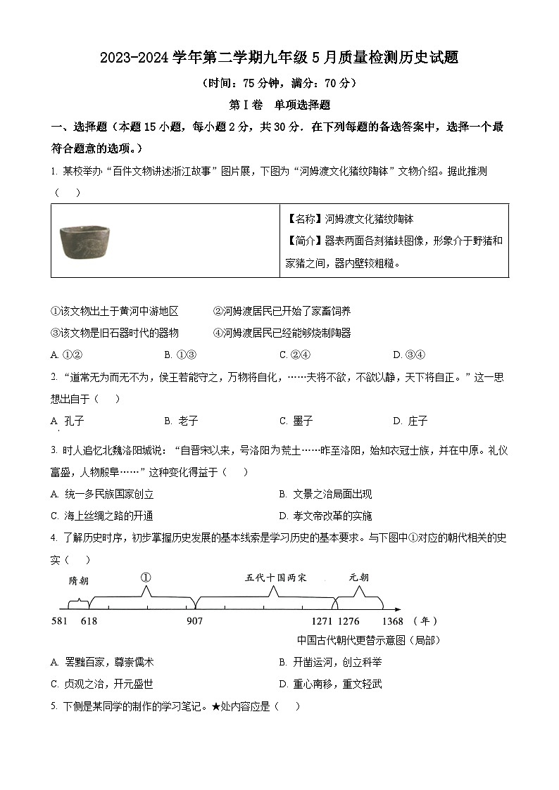 2024年辽宁省盘锦市第一完全中学中考二模历史试题（原卷版+解析版）01