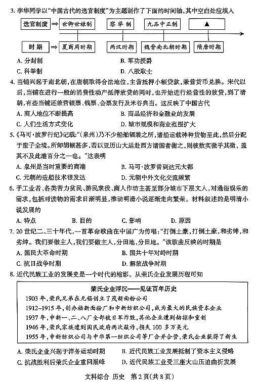2024年山西省初中九年级中考适应性测试（二）历史试卷+答案第2页
