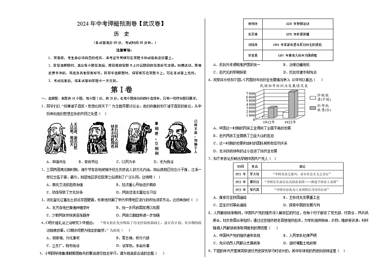 2024年中考押题预测卷（武汉卷）历史（考试版）A3第1页