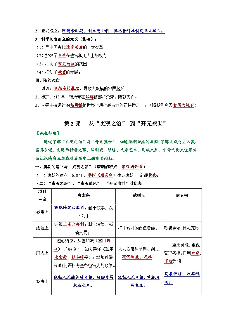 第一单元 隋唐时期：繁荣与开放的时代 期末复习 背诵清单+选择题+材料题综合复习资料02