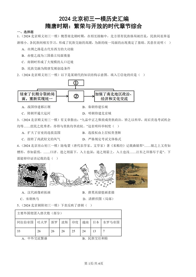 2024北京初三一模历史试题分类汇编：隋唐时期：繁荣与开放的时代章节综合01