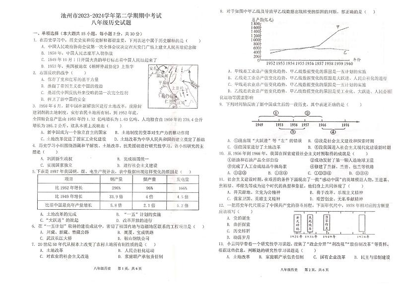 51，安徽省池州市2023-2024学年八年级下学期期中历史试题第1页