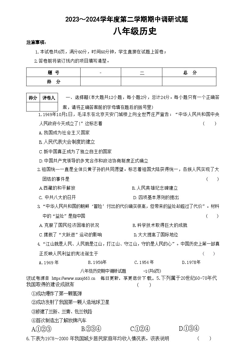 60，陕西省商洛市洛南县2023-2024学年部编版八年级下学期4月期中历史试题第1页