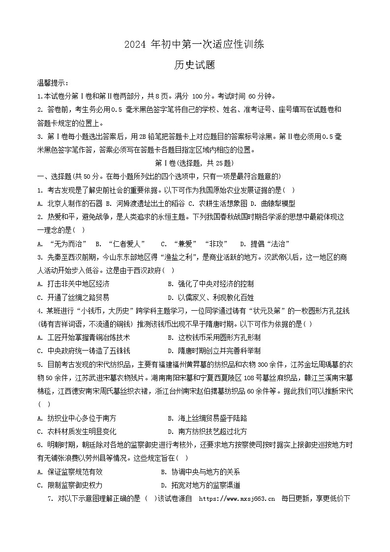 160，山东省滨州市阳信县2024年中考一模历史试题第1页