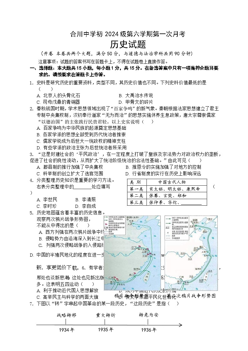 45，重庆市合川中学2023-2024学年九年级下学期第一次月考历史试题(1)01