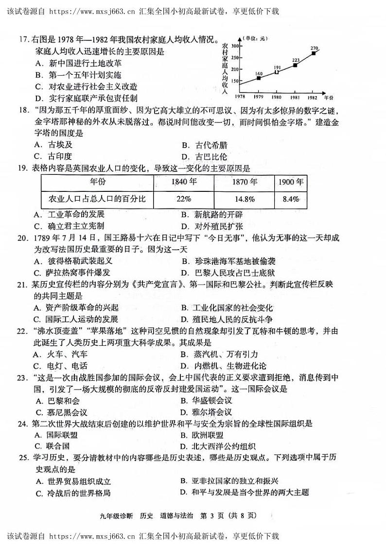 104，甘肃省兰州市2024年九年级历史诊断考试题历史与道法试题03