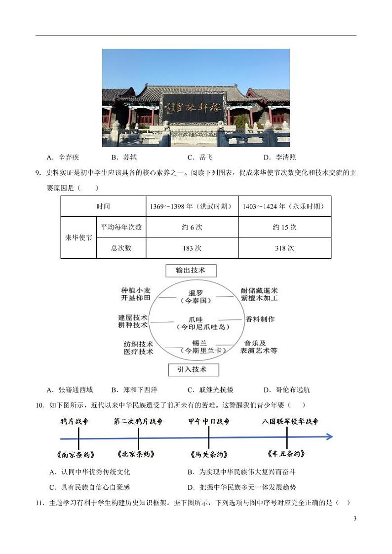 2024年中考考前最后一套押题卷：历史（济南卷）（考试版）03