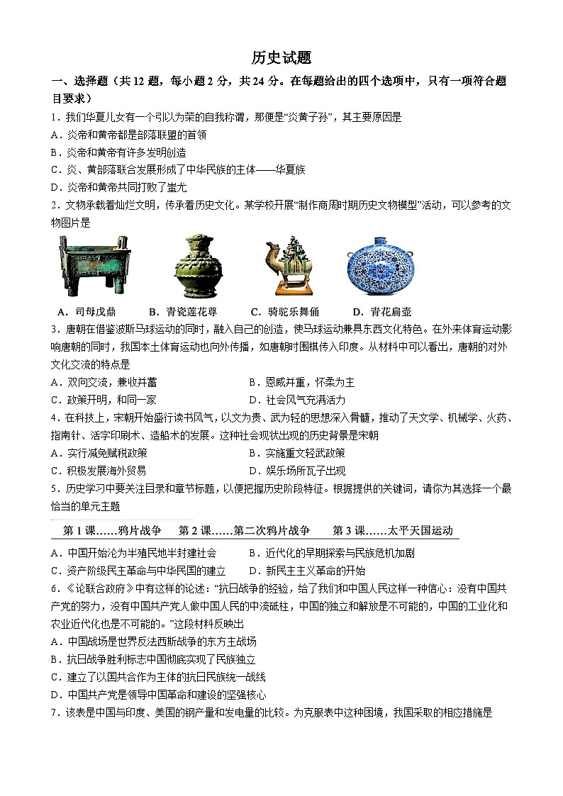 湖北省谷城县2024年中考一模历史试题(无答案)第1页