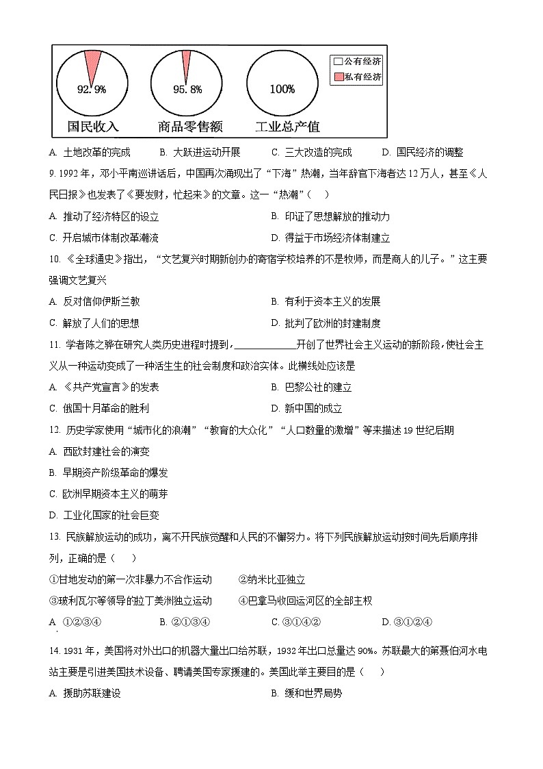 安徽省池州市贵池区2023-2024学年部编版九年级历史三模试题（原卷版）第3页
