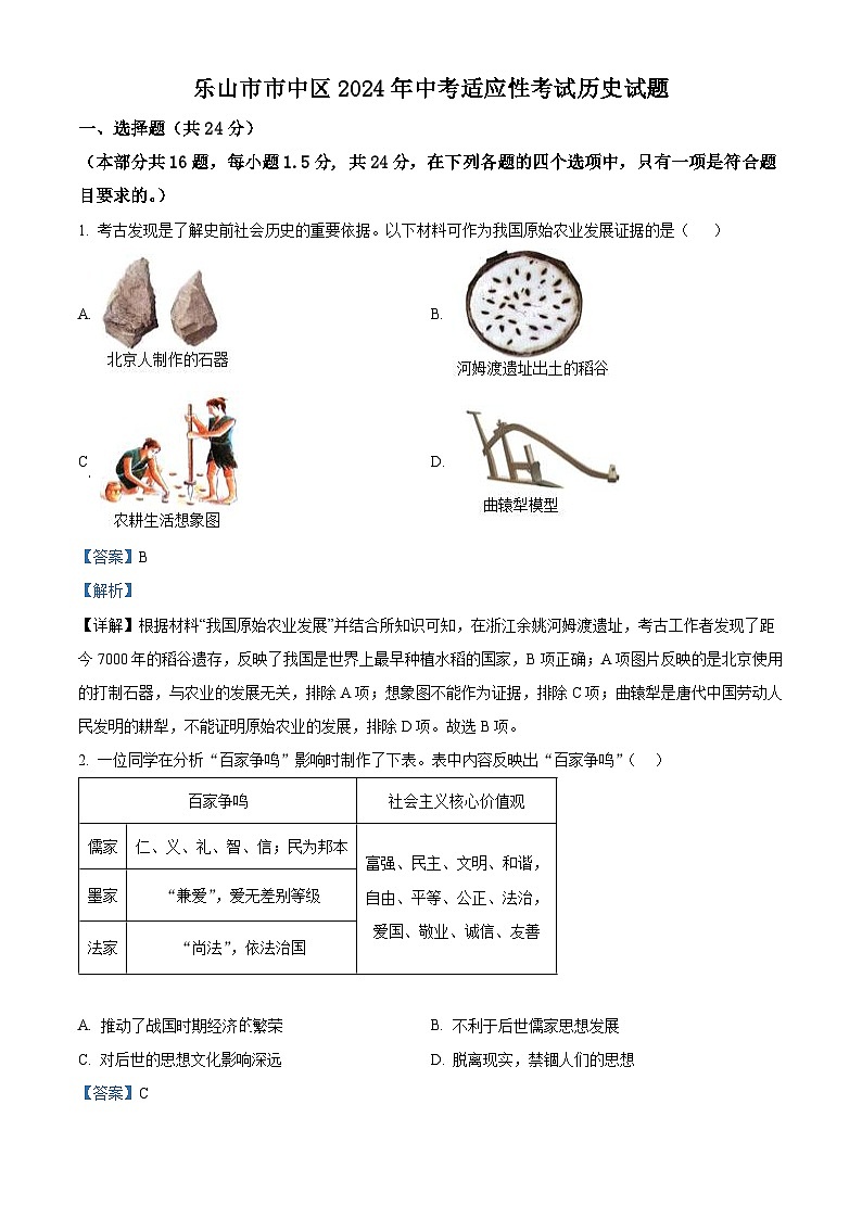 2024年四川省乐山市市中区中考模拟历史试题（解析版）第1页