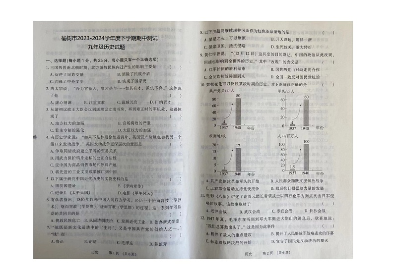 吉林省长春市榆树市2023-2024学年九年级下学期5月期中历史试题第1页