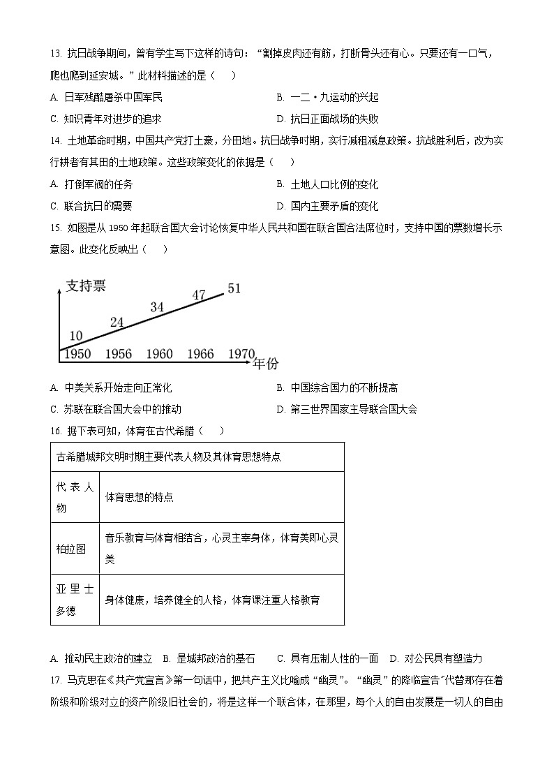 2024年河南省信阳市商城县中考二模历史试卷（原卷版）第3页