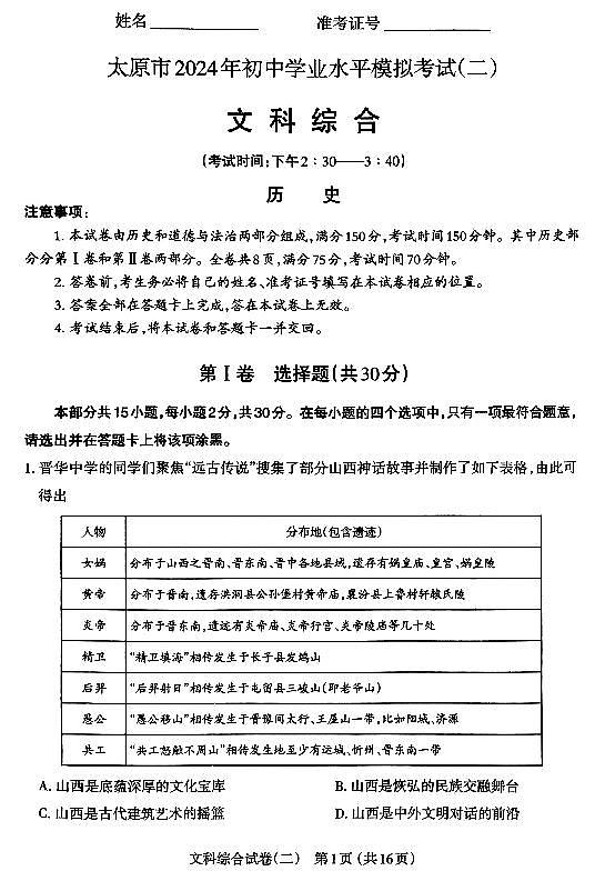 2024年山西省太原市中考二模历史试卷及答案01