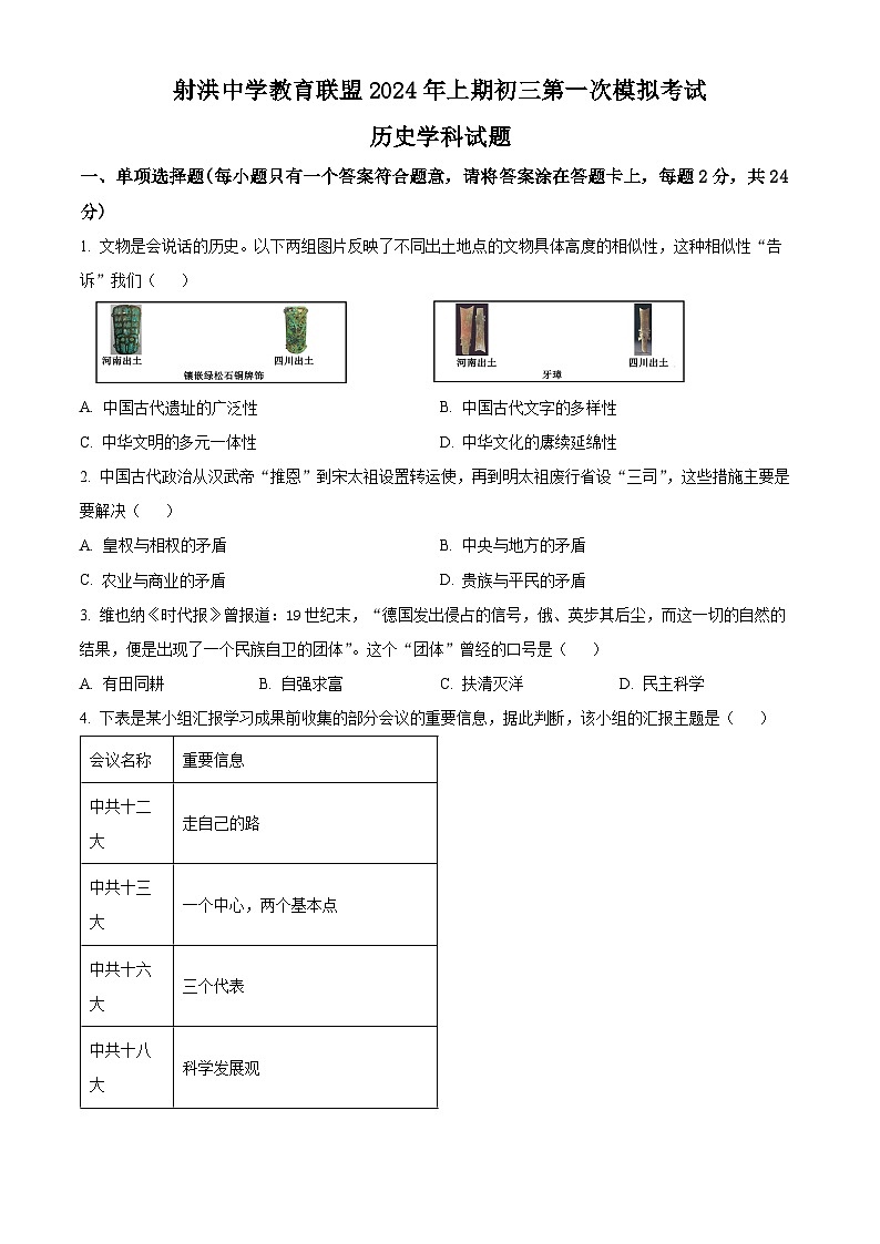 2024年四川省射洪中学校中考一模历史试题（原卷版+解析版）01
