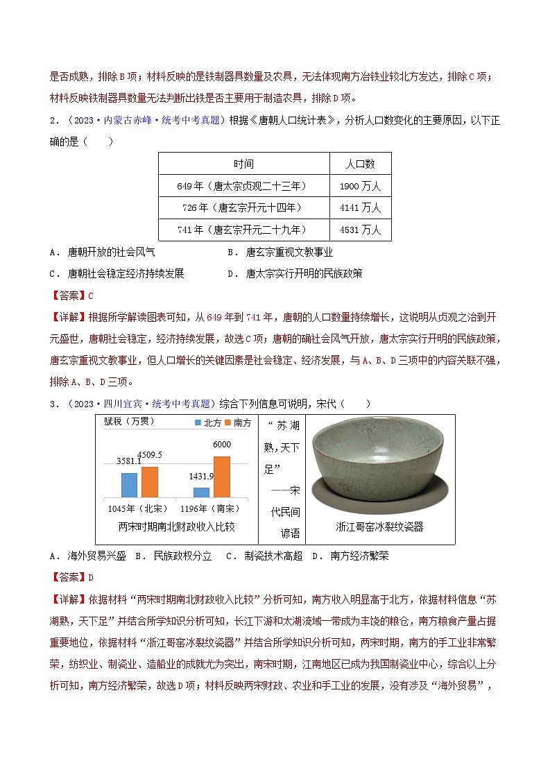 2024年中考历史二轮热点题型归纳与变式演练（全国通用）-专题03  数据表格类选择题（含答题技巧，题型专练100题）（原卷版+解析版）02